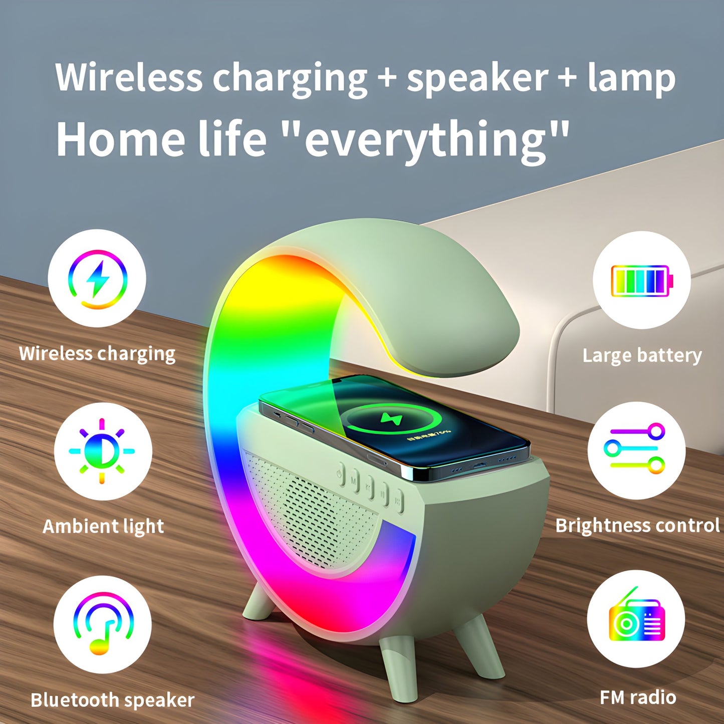 Смарт устройство 4в1, Часовник, Тонколона, Лампа, Безжично зарядно, Smart G-lamp