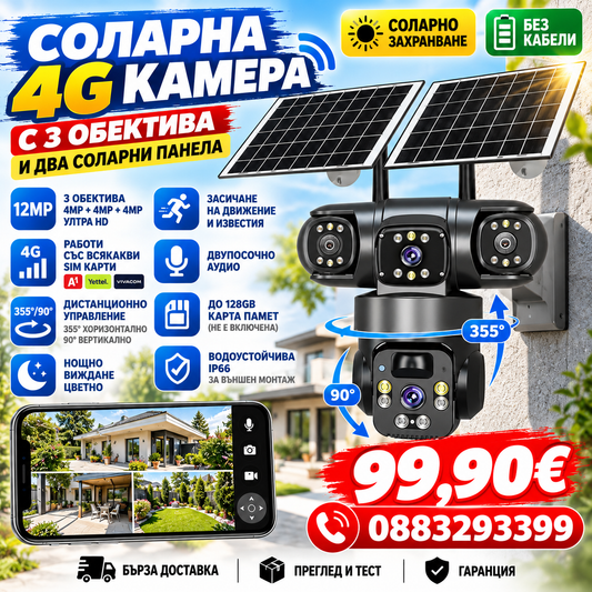4G камера с два соларни панела и три обектива 360° наблюдение