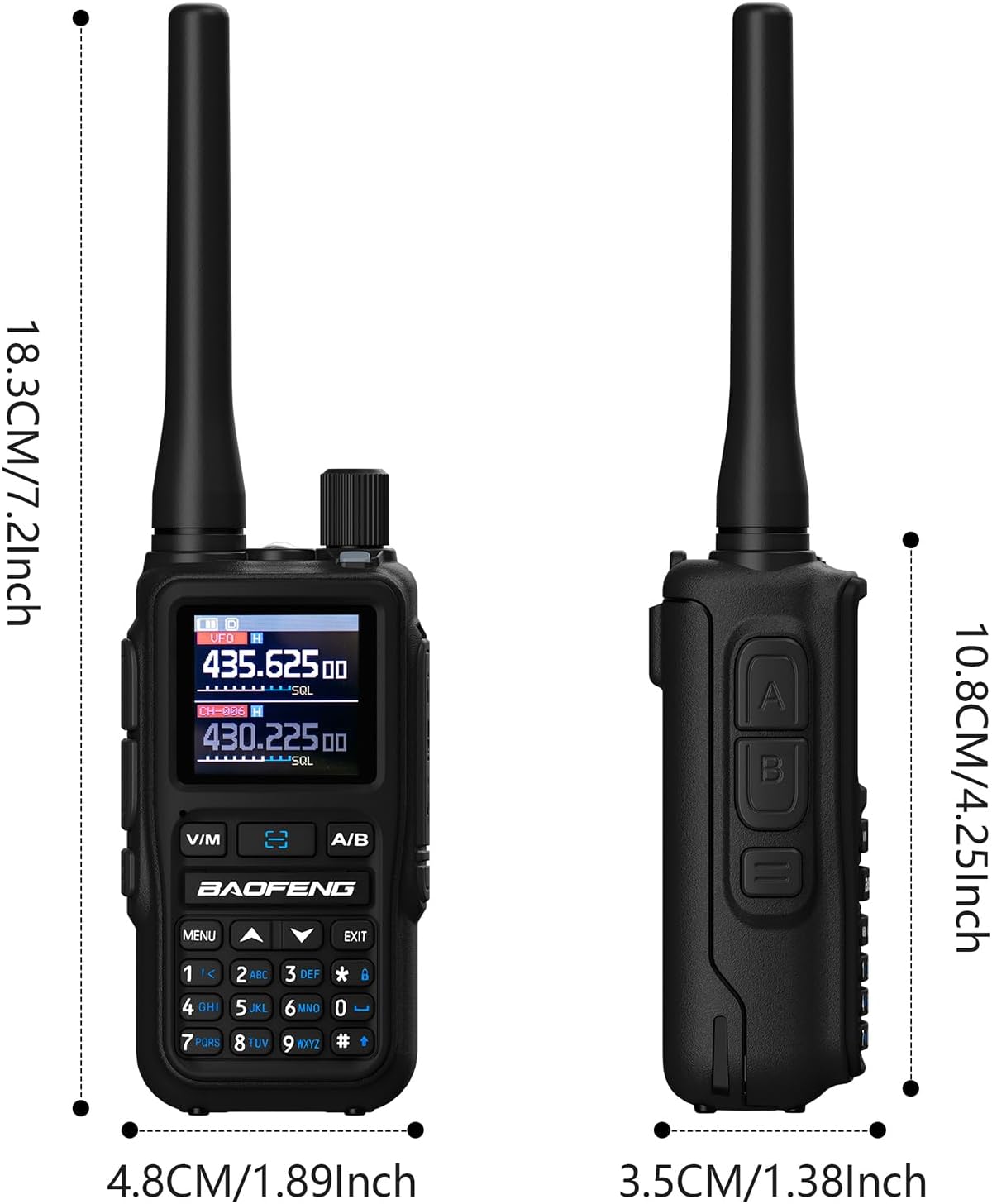 Baofeng UV-5R Mini – размери отпред и отстрани