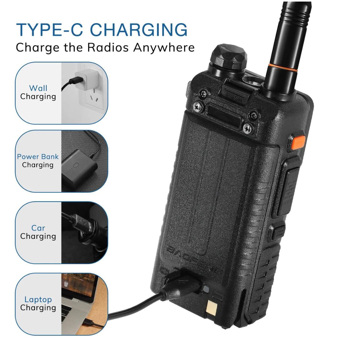 Baofeng UV-5RM с Type-C зареждане от контакт, външна батерия, кола или лаптоп